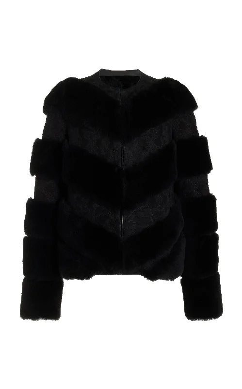 Carys Embroidered Jacket in Black Suede with Shearling Denim Fabric Leather Fabric Suede Fabric