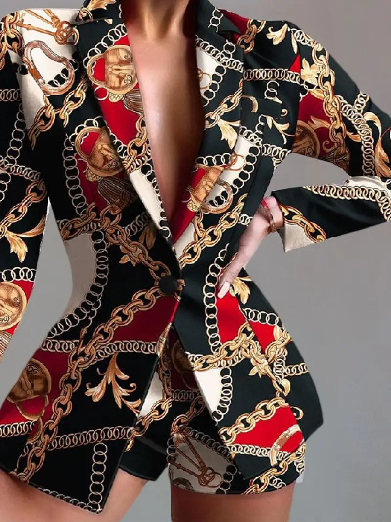 Italian Print Black Red Gold & White Jacket & Shorts Set Boat Neck Shawl Collar Notched Collar