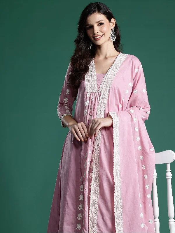 Women Pink Embroidered A-Line Kurta Trousers With Dupatta Set Trousers cozy soft