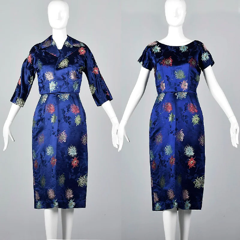 1960s Blue Brocade Dress with Matching Jacket Welt Pockets Slit Pockets Flap Pockets