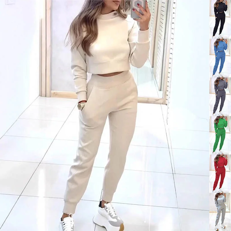 Stand Collar Sports Suit Fashion Pullover Long-sleeves Short Top And Slim Trousers With Pockets Solid Outfits Women's Clothing Gathered Sleeve Pullover