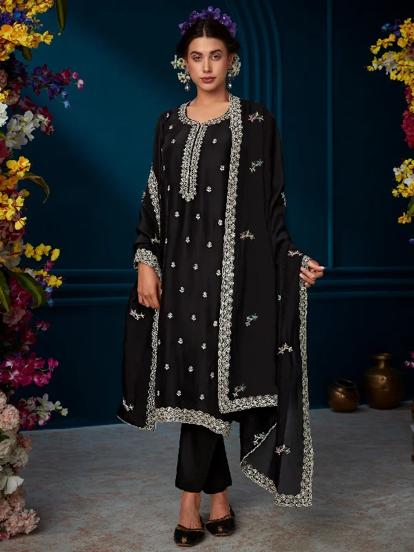 Women Black Straight Embroidered Kurta Trousers With Dupatta Set Trousers chic fashionable