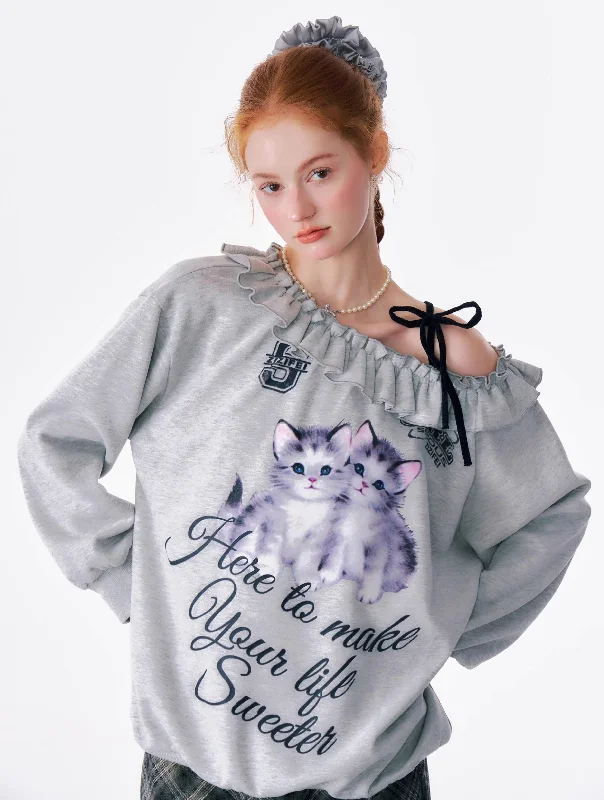 American Retro Oblique Shoulder Loose Lazy Style Cat Print Sweatshirt ZIZ0179 Hoodie Dress Longline Feminine