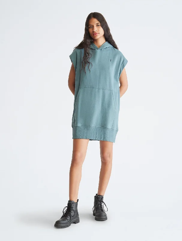 Calvin Klein Archive Logo Fleece Sweatshirt Dress - Women Hoodie with Belted Waist Structured Tailored