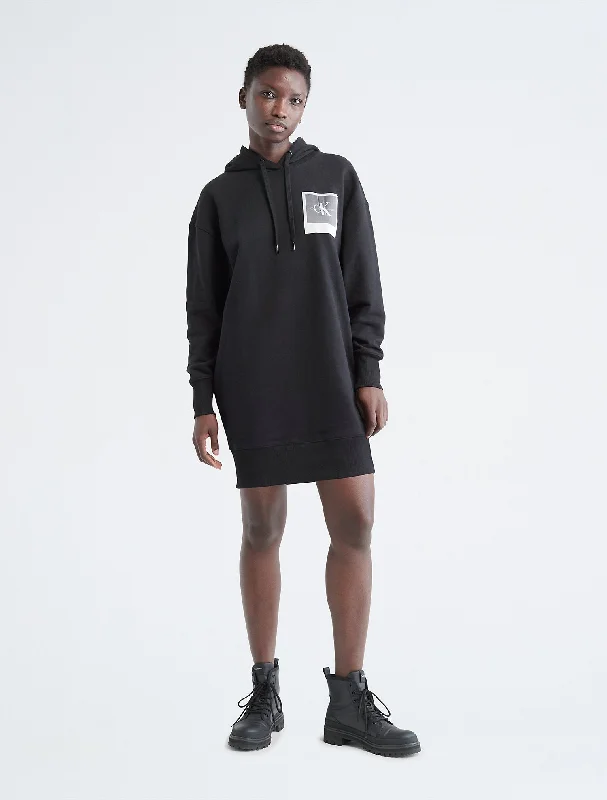 Calvin Klein Polaroid Logo Sweatshirt Dress - Women Hoodie with Mock Neck Collared Structured