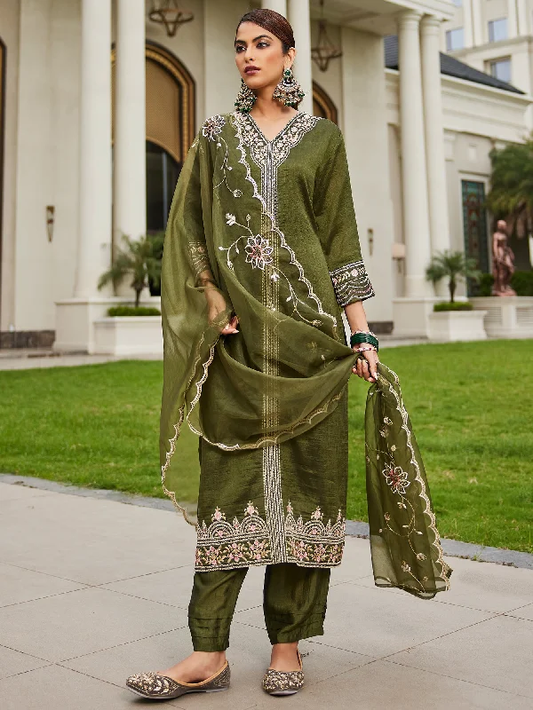 Women Green Embroidered Straight Kurta Trousers With Dupatta Set Trousers chic elegant