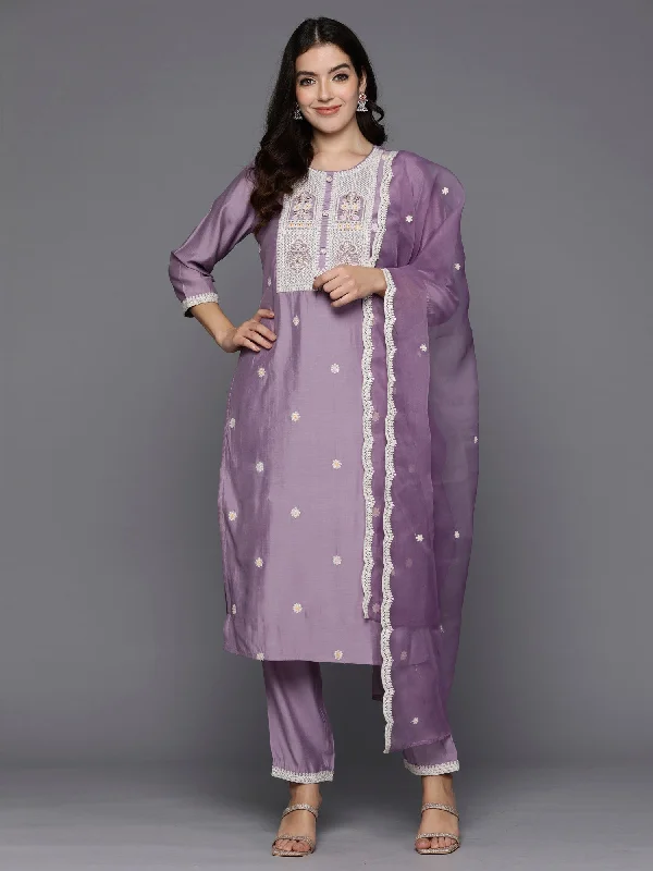 Women Lavender Embroidered Straight Kurta Trousers With Dupatta Set Trousers Tapered Slim Fit