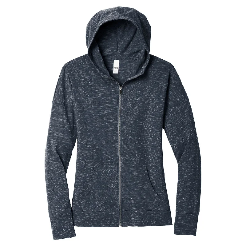District Women's New Navy Medal Full-Zip Hoodie Hoodie with Button Placket Classic Preppy