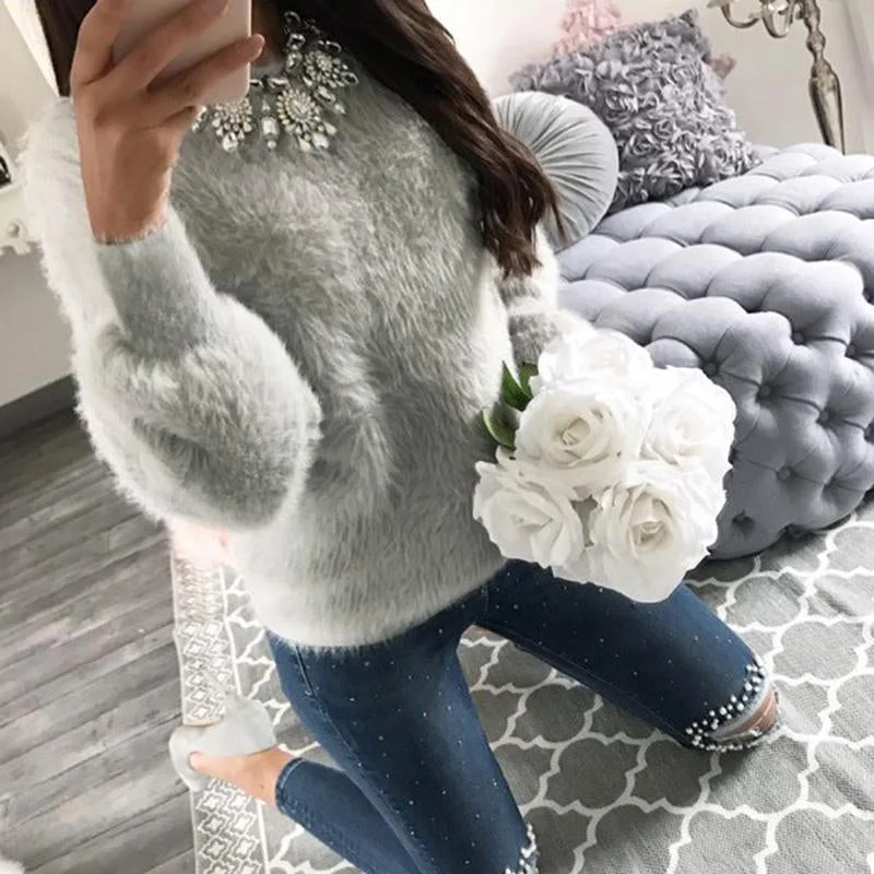 Women Sweatshirts Long Sleeve Autumn Knitwear Jumper Pullover Boxy Neck Sweater