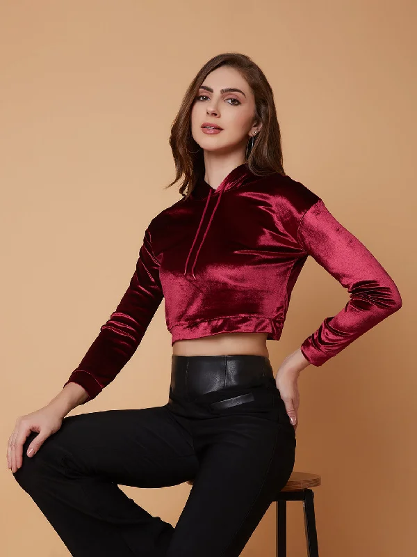 Women Solid Maroon Drop Shoulder Crop Pullover-AE-10662-Maroon Peter Pan Collar