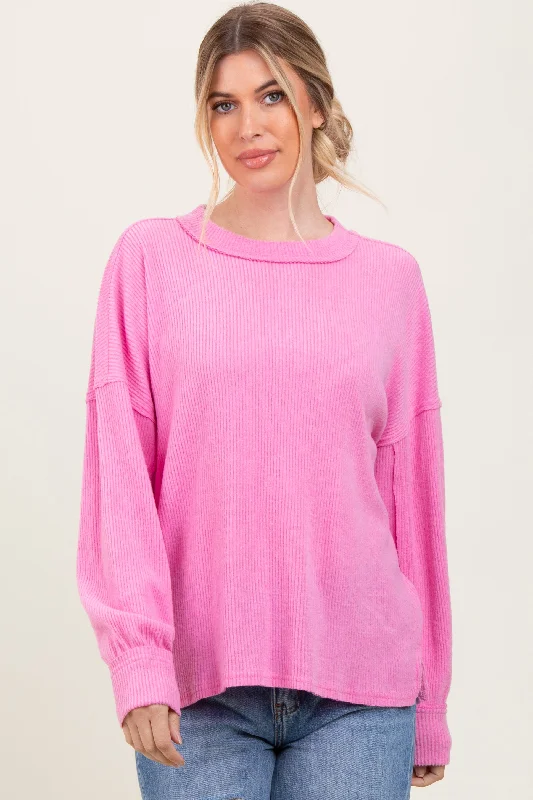 Pink Brushed Ribbed Knit Pullover Crew Neck Wool