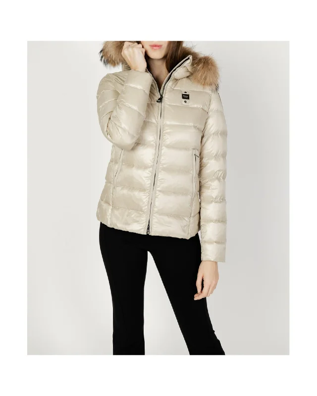 Blauer  Women's Quilted Puffer Jacket with Removable Faux Fur Hood Champagne Embroidered Jacket Appliqued Jacket Beaded Jacket