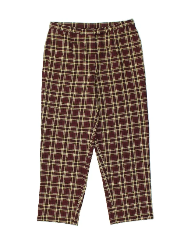 VINTAGE Womens Straight Casual Trousers IT 48 XL W36 L27 Maroon Check Trousers Mesh Breathable