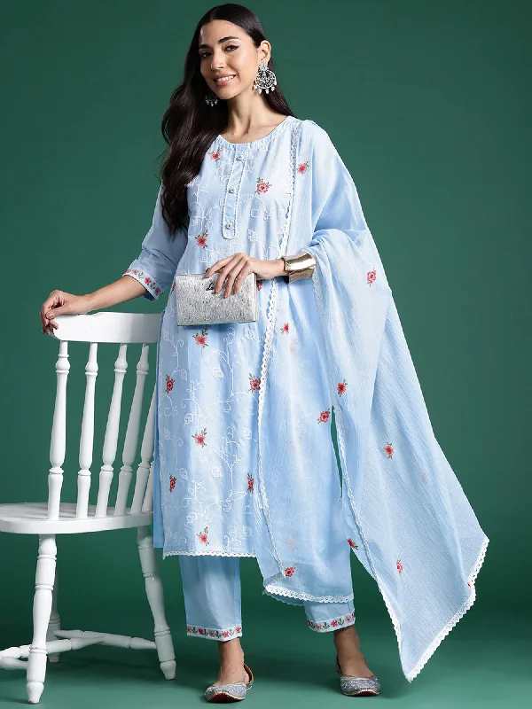 Women Blue Embroidered Straight Kurta Trousers With Dupatta Set Trousers Canvas Durable Women Blue Embroidered Straight Kurta Trousers With Dupatta Set Trousers Canvas Durable