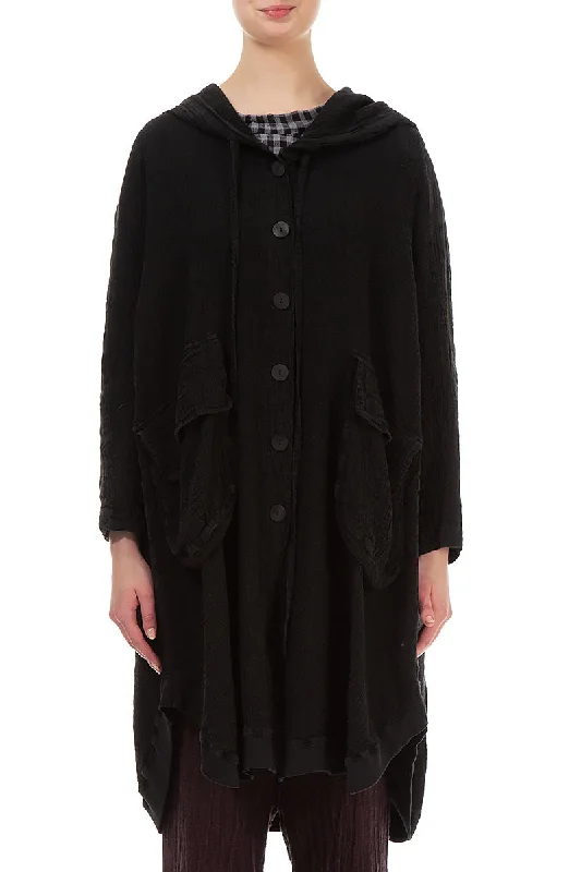 Hooded Oversized Black Linen Viscose Jacket Appliqued Jacket Beaded Jacket Sequined Jacket