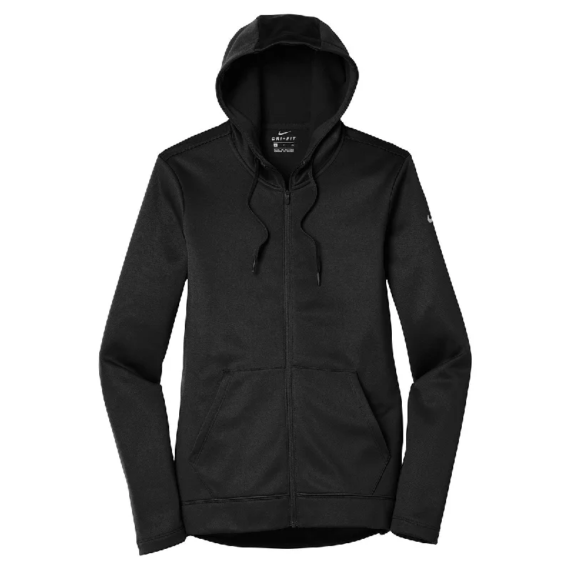 Nike Women's Black Therma-FIT Full-Zip Fleece Hoodie Hoodie with Set-In Sleeves Structured Classic