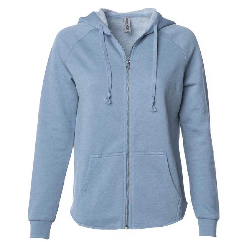 Independent Trading Co. Women's Misty Blue California Wave Wash Full-Zip Hooded Sweatshirt Hoodie with Back Slit Movement Comfort