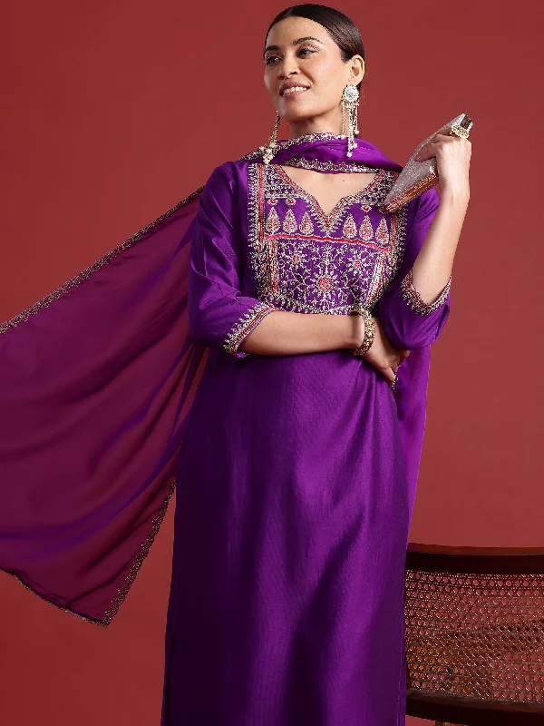 Women Purple Embroidered Straight Kurta Trousers With Dupatta Set Trousers Cargo Utility