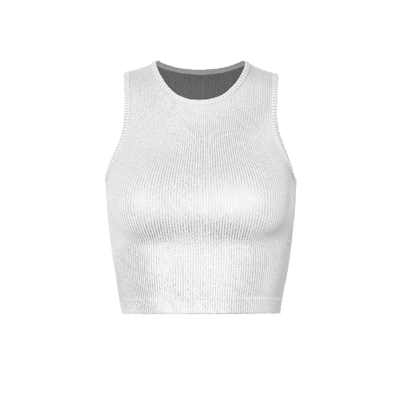 White Ribbed Silver Coated Crop Tank charcoal tank top