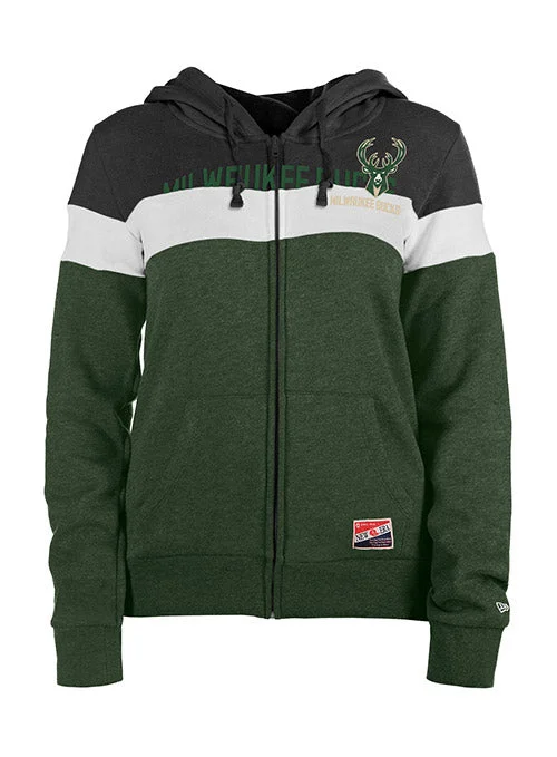 Women's New Era Throwback Milwaukee Bucks Full-Zip Hooded Sweatshirt Hoodie with Hidden Zipper Minimalist Clean