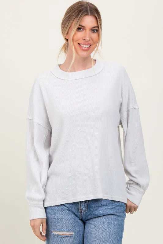 Ivory Brushed Ribbed Knit Pullover Button Front Sweater