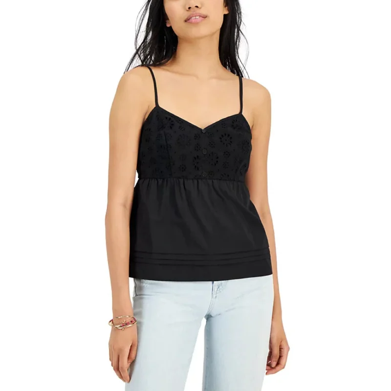 HIPPIE ROSE - V-Neck Eyelet Poplin Tank Top yoga tank top