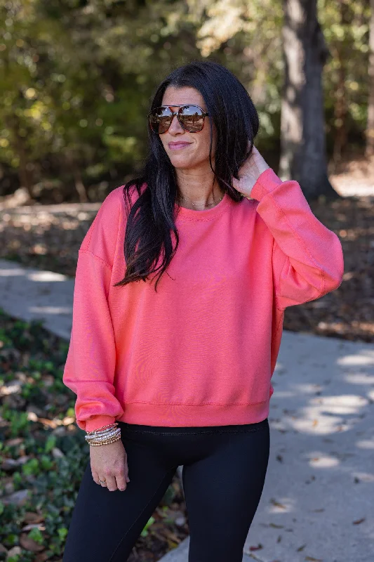 Vibrant Scuba Knit Coral Sweatshirt Hoodie with Hem Raw Edge Edgy Unfinished