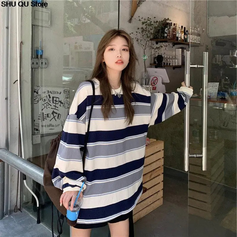spring autumn Striped hoodies women fashion Long Sleeve Hoodie Sweatshirt Harajuku Jumper cotton Pullovers Casual oversized Coat Hoodie with Velcro Closure Adjustable Secure