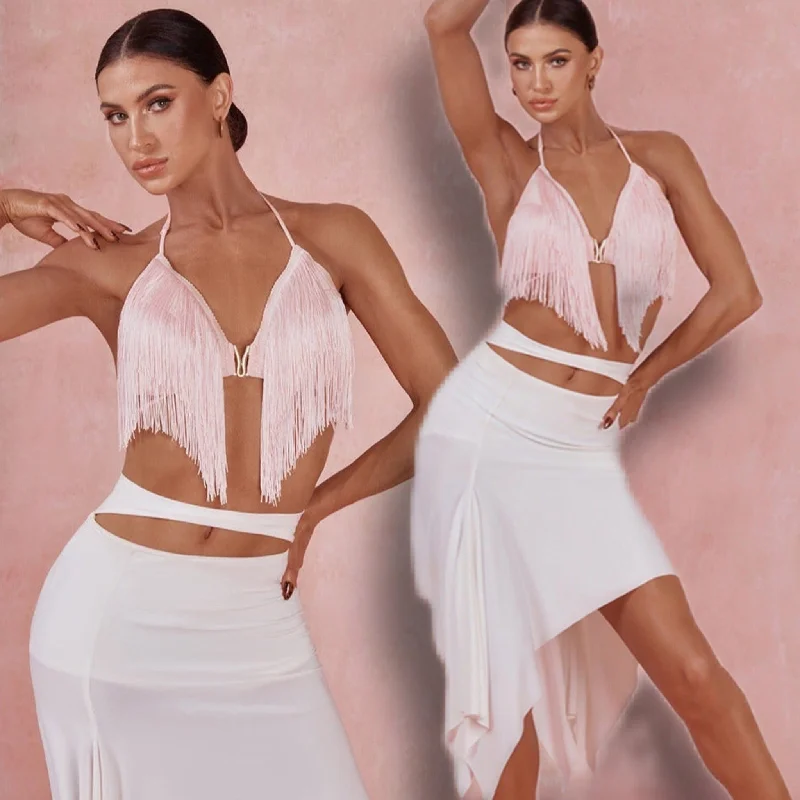 Flirty Pink Bra White Skirt Latin Dancewear | 2425 denim skirt trendy