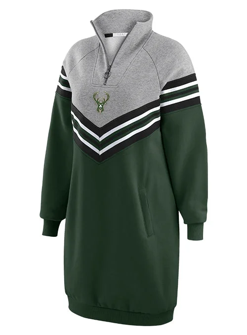 Women's Wear By Erin Andrews Chevron Stripe Milwaukee Bucks Sweatshirt Dress Hoodie with Mock Neck Collared Structured