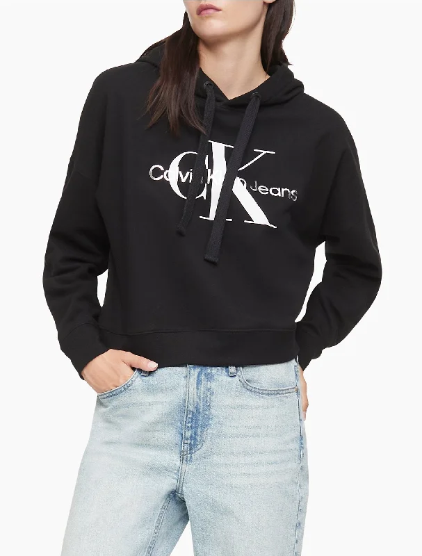 Calvin Klein Monogram Logo Cropped Hoodie - Women Hoodie with Elastic Waist Stretchable Comfortable
