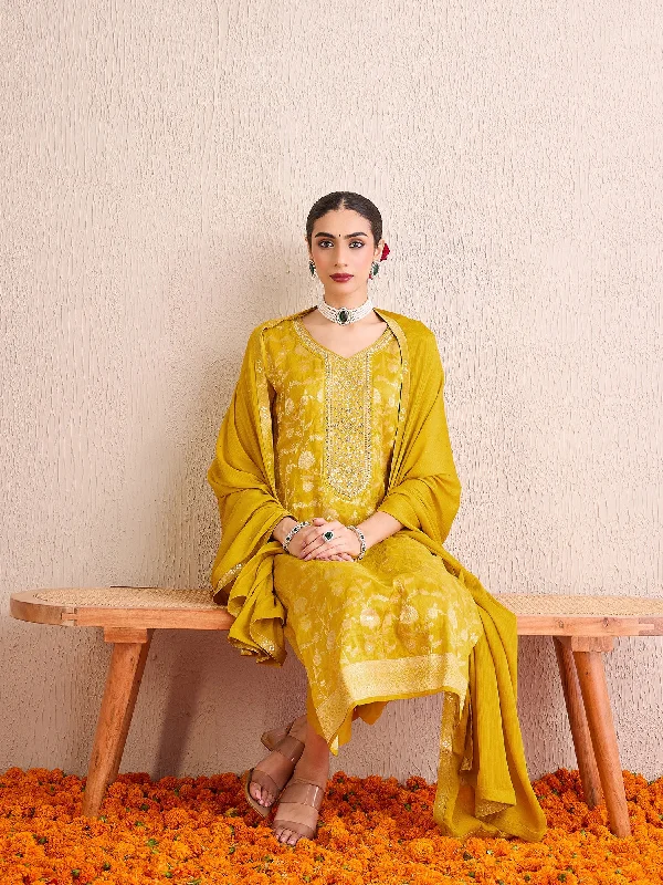 Women Yellow Embroidered Straight Kurta Trousers With Dupatta Set Trousers Palazzo Wide Leg