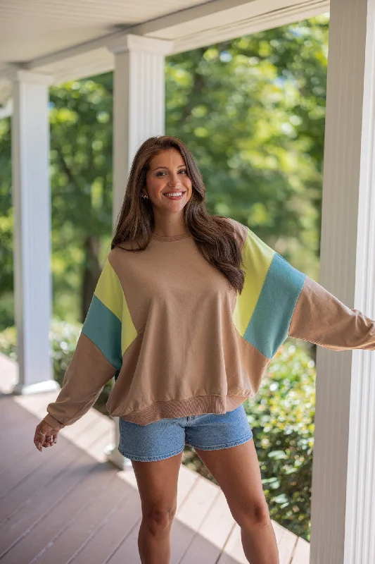 Snuggle Up Mocha Colorblock Sweatshirt Hoodie with Print Artistic Unique