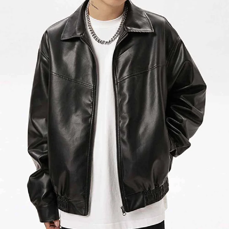 Black Vintage Street Style Zipper Leather Jacket Mesh Jacket Canvas Jacket Denim Jacket