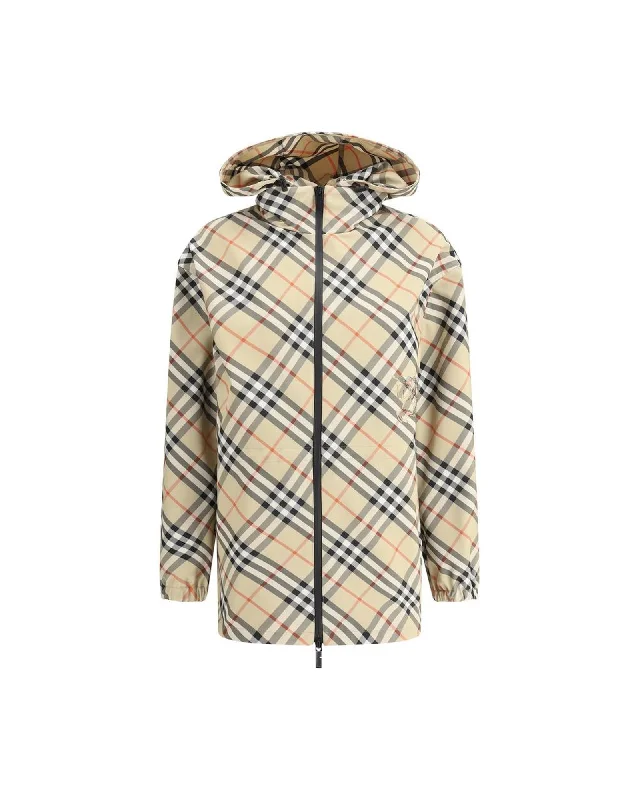 Burberry High Collar Jacket with Adjustable Drawstring Hood and Archive Check Pattern Welt Pockets Slit Pockets Flap Pockets