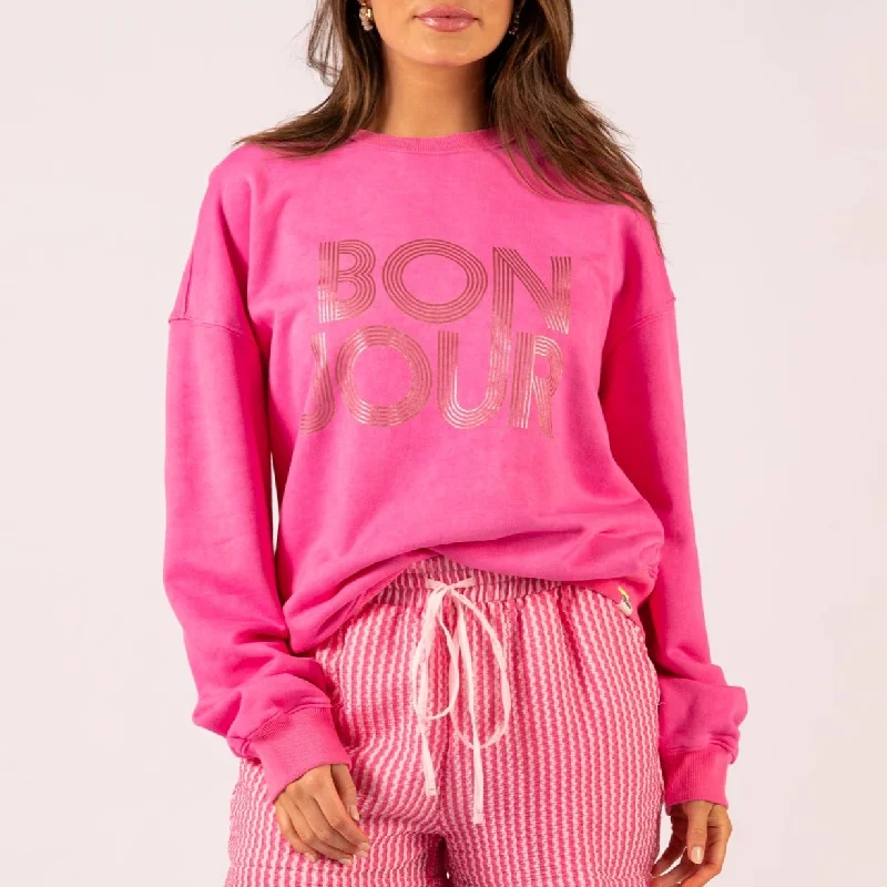 Bonjour Vintage Sweatshirt - Pink Hoodie with Ribbed Neckline Snug Warm