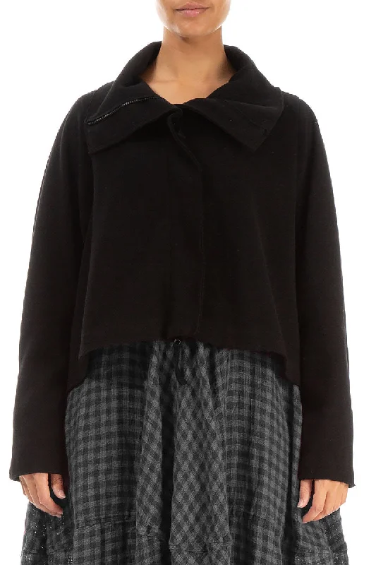Zip Collar Black Cotton Jersey Jacket Hooded Jacket Caped Jacket Shawl Collar Jacket