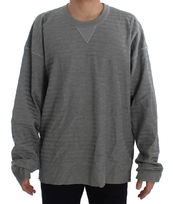 Elegant Gray Silk Crewneck Pullover Sweater Open Front Cardigan