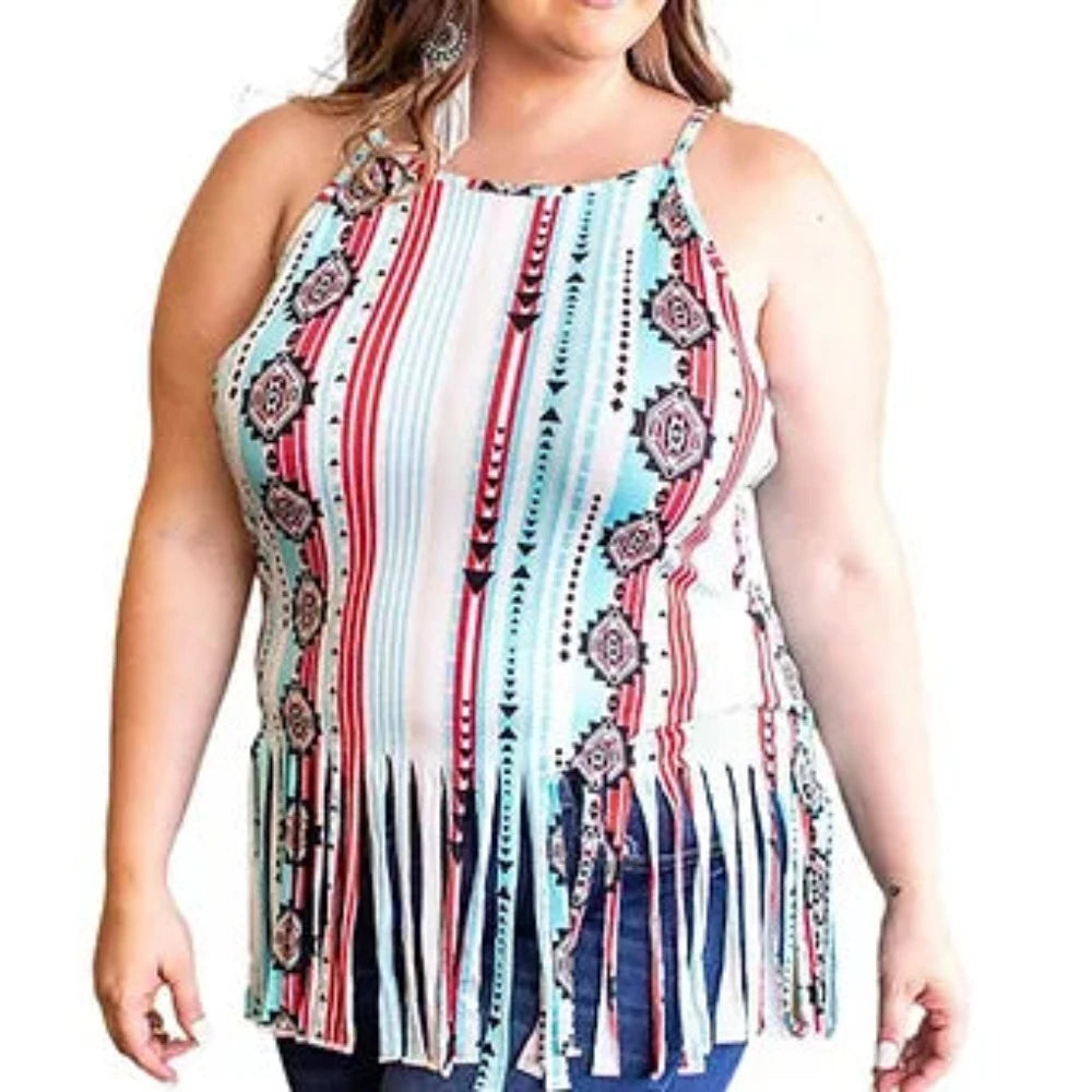 Plus Size Women's Aztec Print Tank Top w/ Tassels cozy tank top