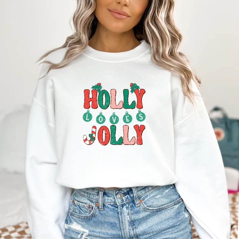 Holly Loves Jolly Christmas Ladies Sweatshirt Hoodie with Hem Frayed Vintage Worn