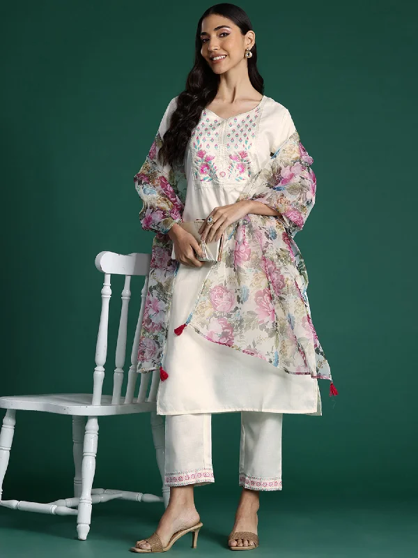 Women White Yoke Design Straight Kurta Trousers With Dupatta Set Wide Leg Loose Fit Mid Waist