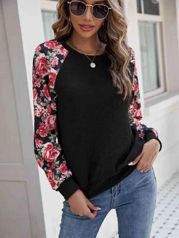 Floral Raglan Sleeve Round Neck Ladies Sweatshirt Hoodie with Hem Applique Textured Unique