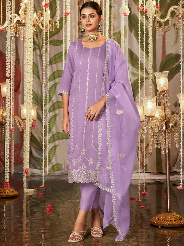 Women Lavender Straight Embroidered Kurta Trousers With Dupatta Set Trousers practical durable