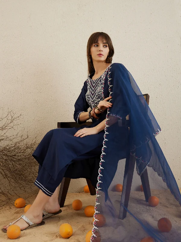 Women Navy Blue Embroidered Straight Kurta Trousers With Dupatta Set Trousers Ceremony Elegant Women Navy Blue Embroidered Straight Kurta Trousers With Dupatta Set Trousers Ceremony Elegant