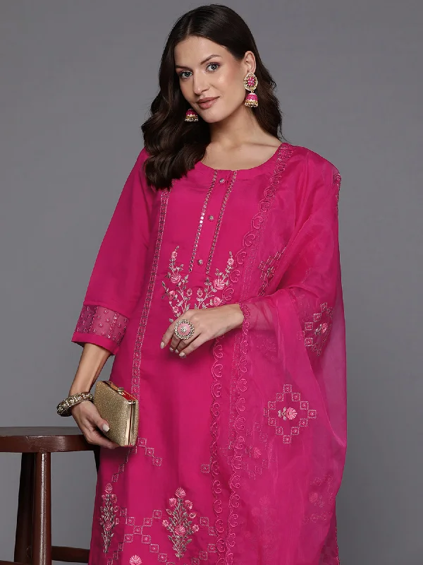 Women Pink Embroidered Straight Kurta Trousers With Dupatta Set Trousers Capri Summer