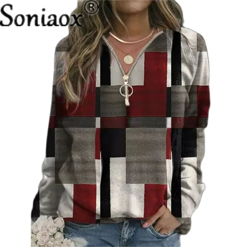 2021 Autumn Women Sweatshirts Loose Casual V Neck Zipper Long Sleeve Plaid Top Pullover Streetwear Ladies Fashion Ladies Hoodies Bishop Sleeve Elegant