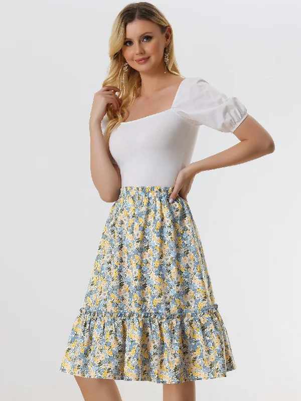 Ruffle Hem Elastic Waist Flowy A-Line Swing Floral Midi Skirt corduroy skirt comfortable