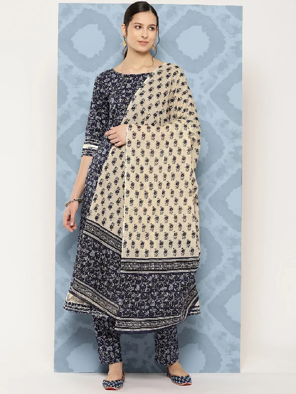 Women's Blue Floral Printed Anarkali Kurta With Trouser And Dupatta - Nayo Clothing Trousers Leisure Comfortable Women's Blue Floral Printed Anarkali Kurta With Trouser And Dupatta - Nayo Clothing Trousers Leisure Comfortable
