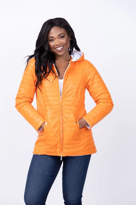 Tyler Boe Martha Reversible Jacket in Mandarin Orange Belted Jacket Elasticated Jacket Padded Jacket