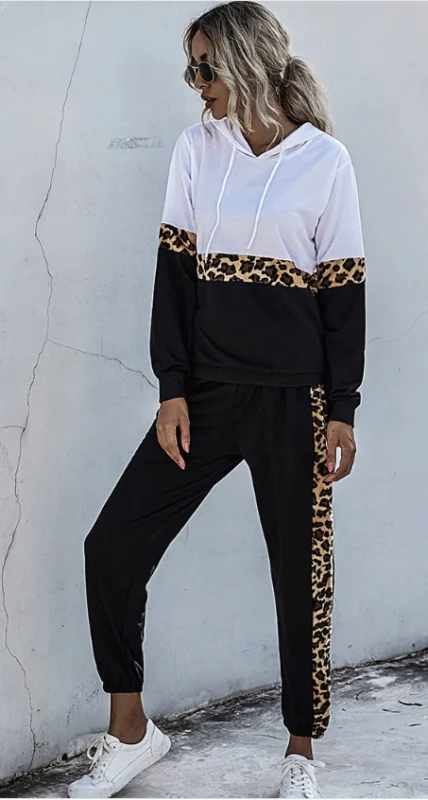 Ladies Leopard Print Stitching Hooded Sweatshirt Set Hoodie with Hem Fringe Bohemian Relaxed